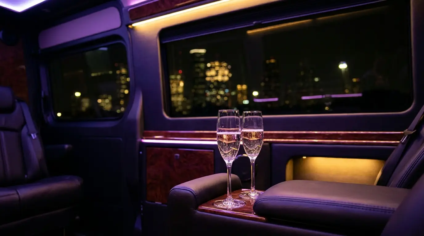 Champagne flutes and warm party lighting inside a chauffeured luxury van with the Houston skyline glowing through the window — Houston birthday ideas