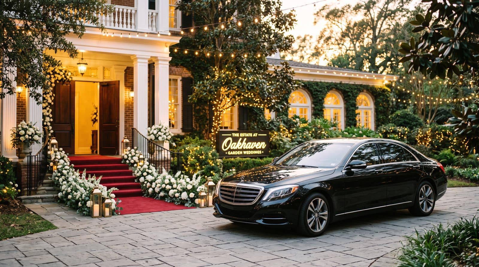 Black luxury car at the string-lit entrance of an elegant Houston garden wedding venue at dusk — Houston wedding venues transportation guide