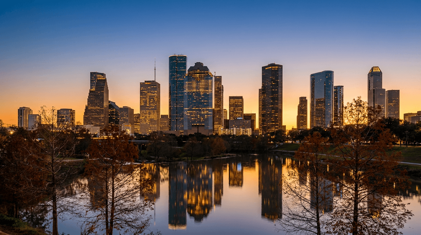 Houston downtown skyline glowing at dusk on a clear autumn evening — things to do in Houston in October