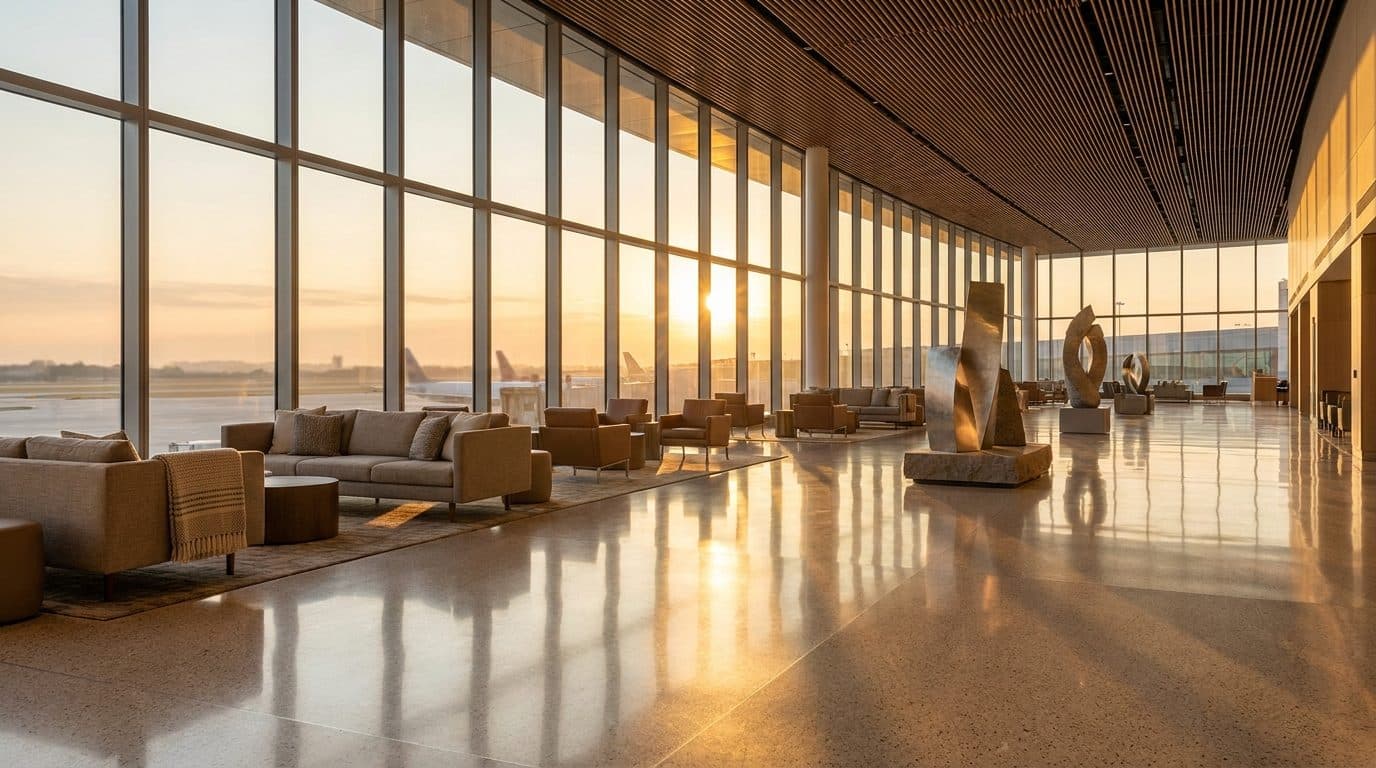 An airport terminal setting for planning a Houston arrival