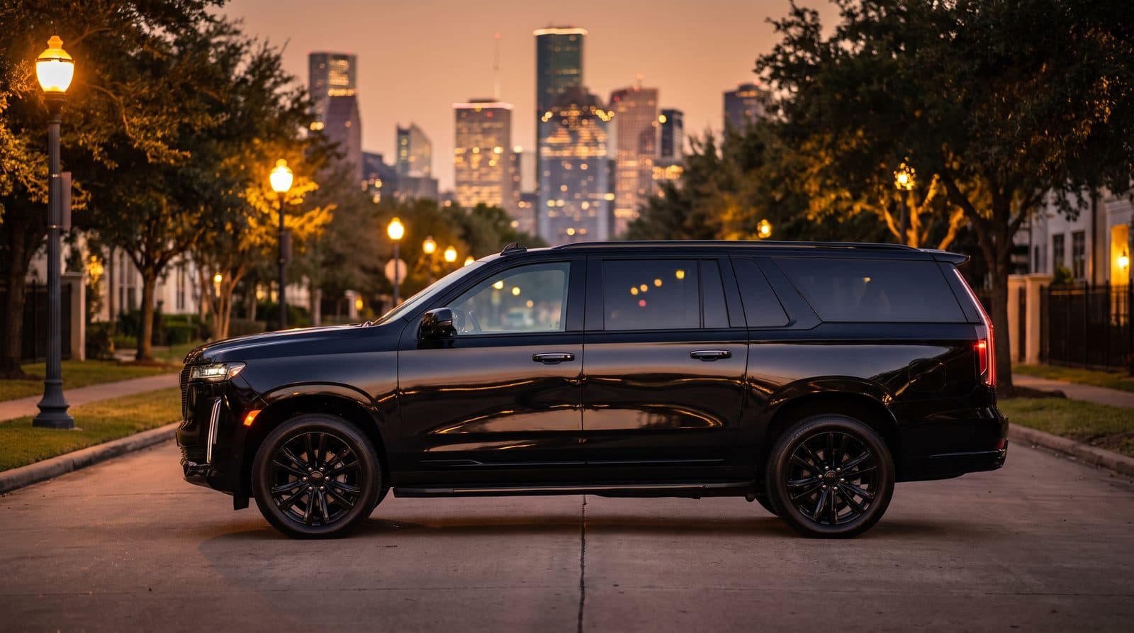 Black luxury SUV parked on a Houston street at dusk with the downtown skyline behind — Houston luxury SUV rental and chauffeur service