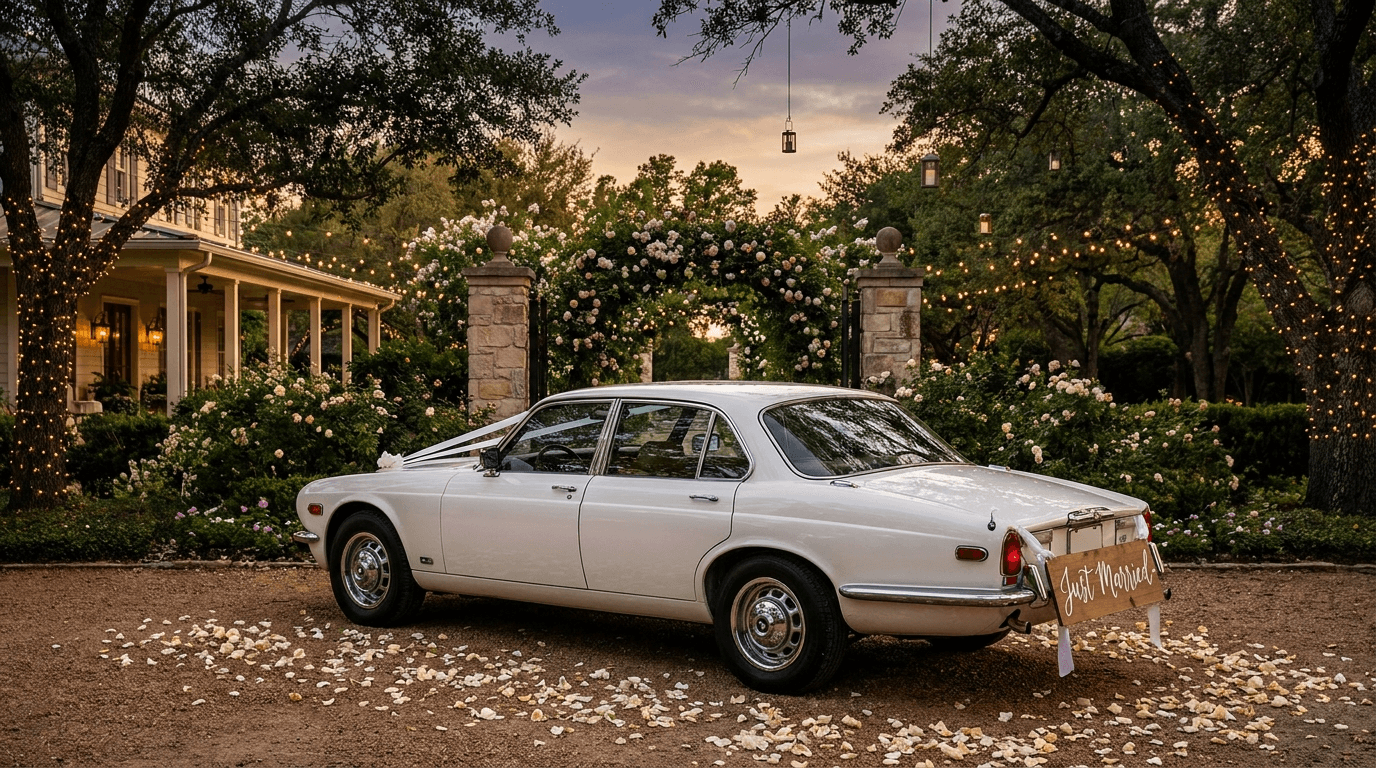 A classic white wedding getaway car with a Just Married sign at a Houston garden venue at dusk