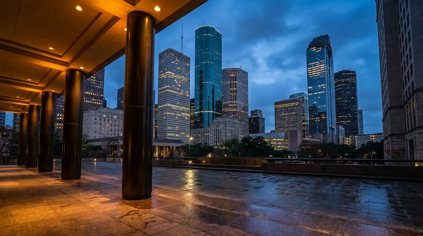 Downtown Houston skyline glowing at blue-hour dusk — the backdrop for a Houston date night