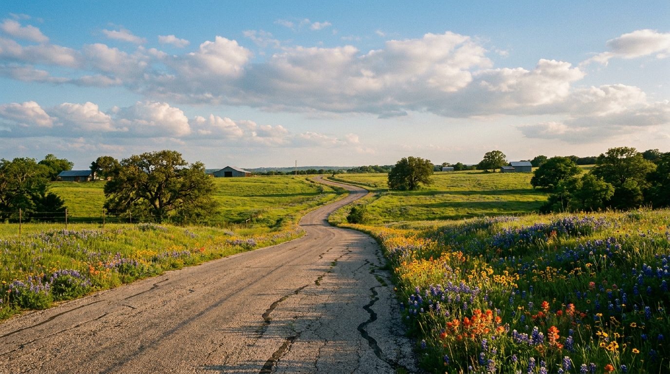 Texas farm road winding through the countryside on a day trip from Houston