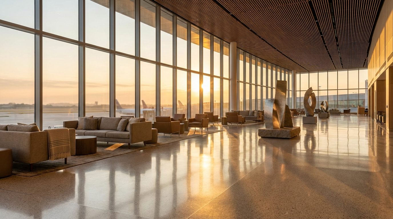 Houston airport shuttle service — modern terminal interior at golden hour