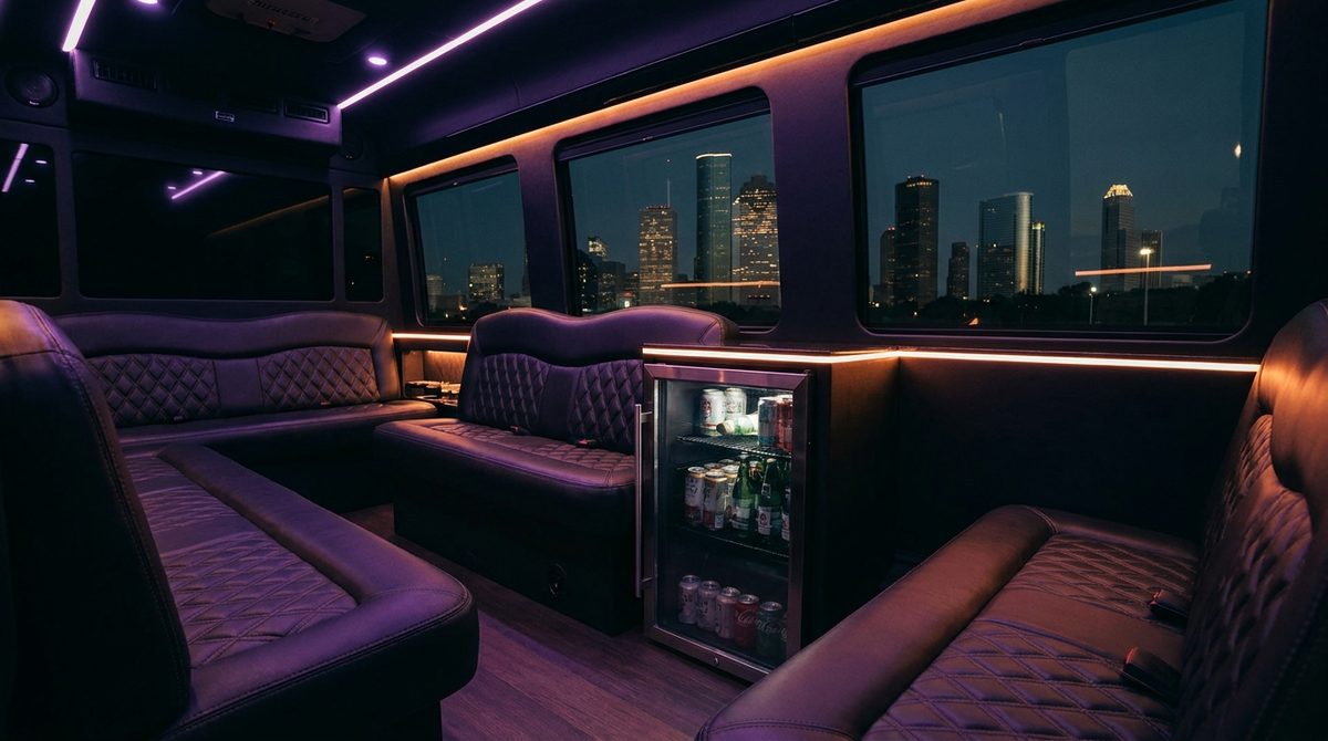 Interior of a Mercedes-Benz Sprinter limo in Houston at night — RGB mood lighting, reclining captain's-chair lounge seating, a stocked cooler, and the downtown skyline through the windows