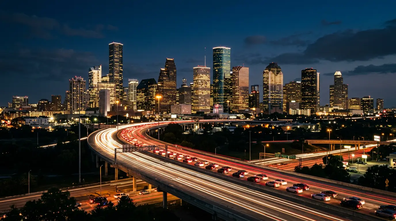 Houston downtown skyline glowing at night with light trails on the freeway — things to do in Houston at night
