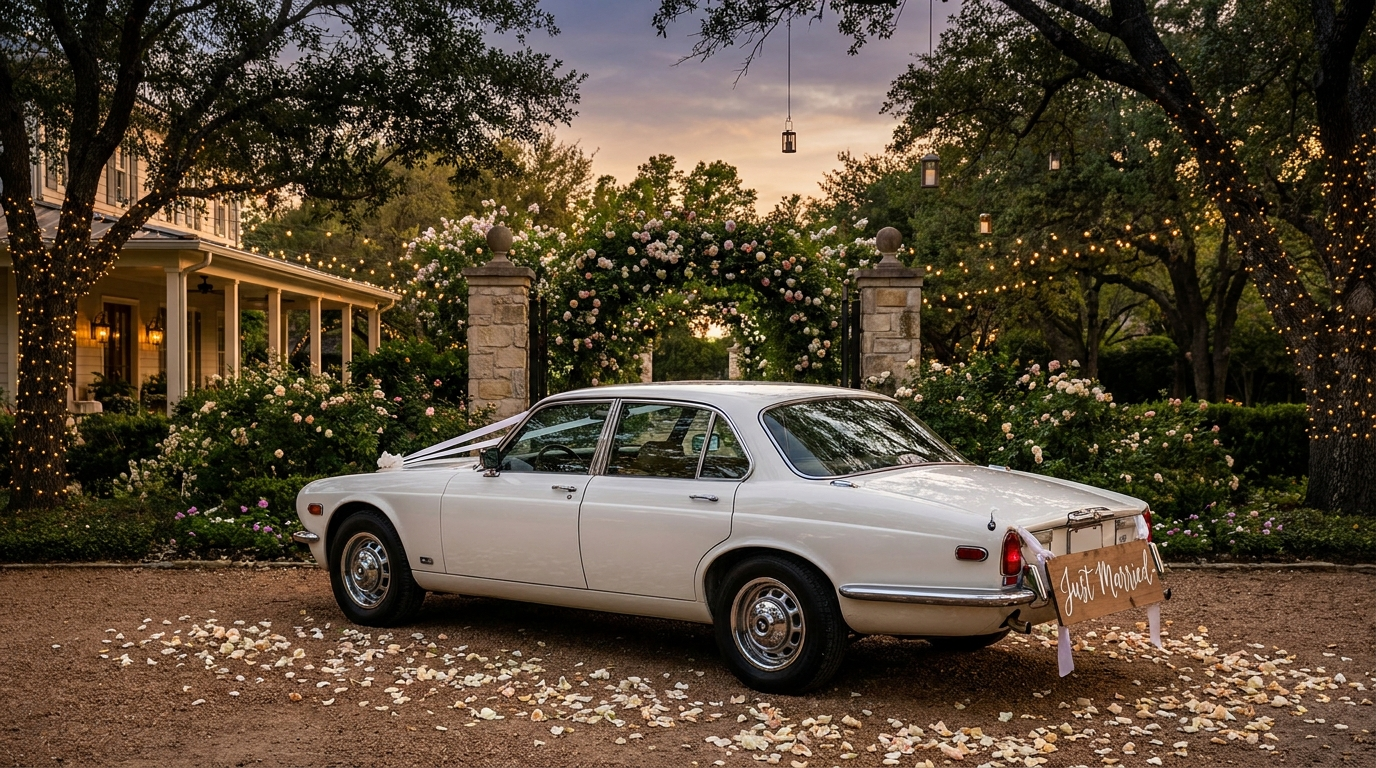 A classic white wedding getaway car with a Just Married sign at a Houston garden venue at dusk